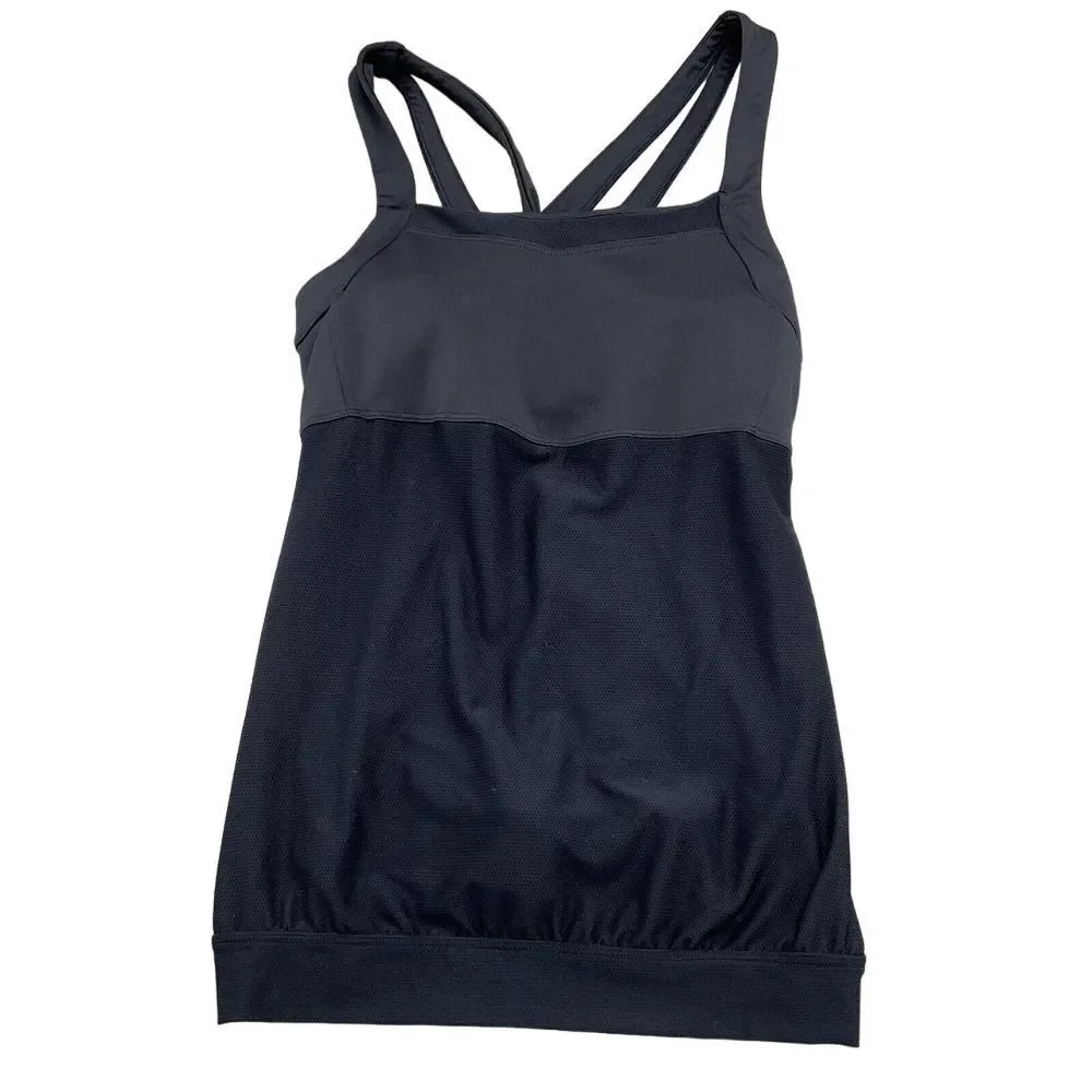 Athleta Tankini Top Women Medium Black Blouson Mesh Double Cross Pads Bra Swim‎